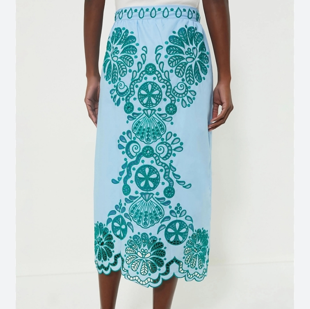 Farm Rio Richelieu Broderie Anglaise Sea Theme Midi Skirt Blue & Green XL - Picture 3 of 11
